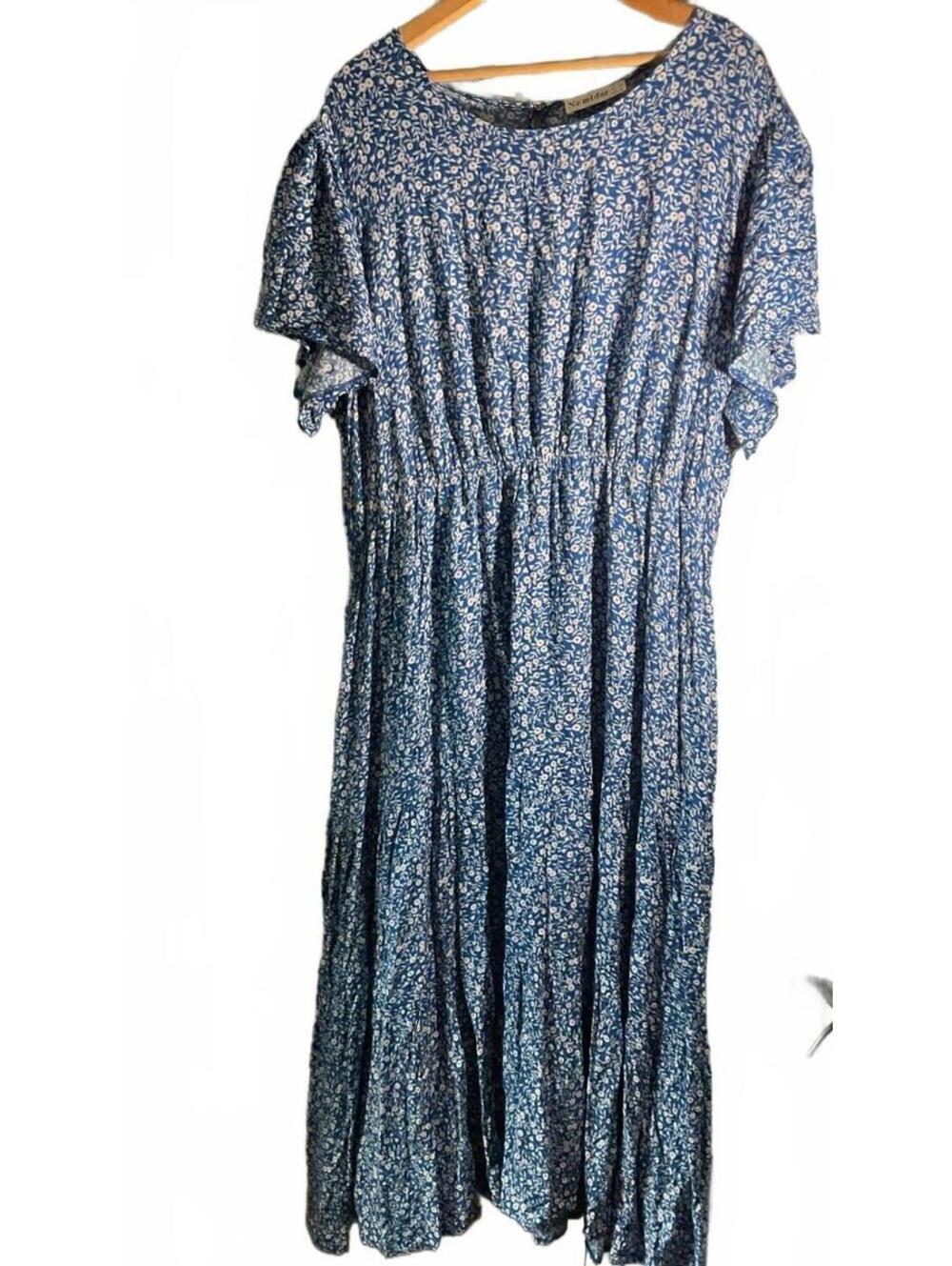 Nemidor Blue Floral Casual Midi Dress with Elastic Waist Size 18